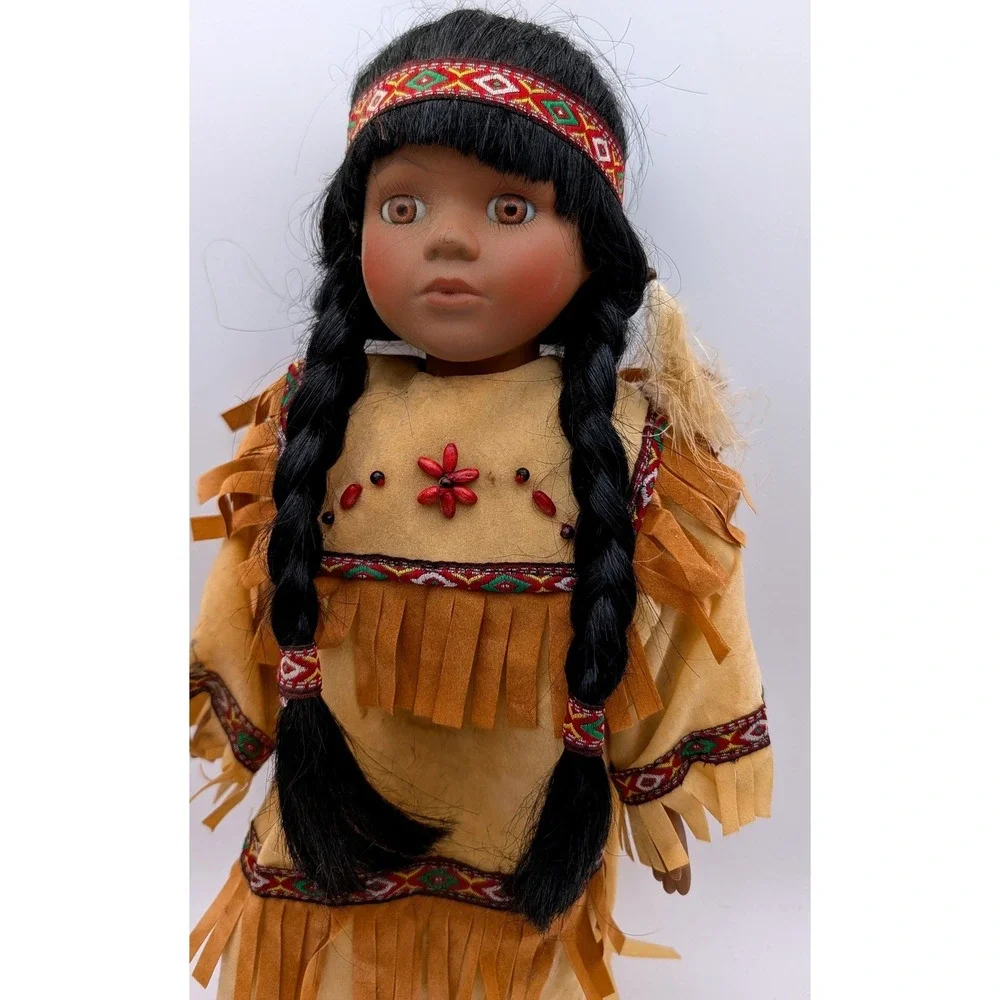 Vintage Native American Style Porcelain Doll Tan Fringe Suede Outfit 15.5 Inch